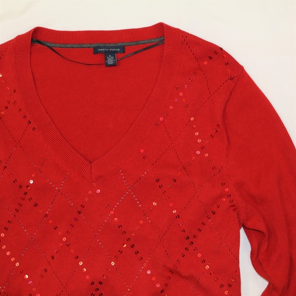 Tommy Hilfiger Sweater Women XL Red Argyle Christmas Valentine V-neck Top READ! - Picture 3 of 8